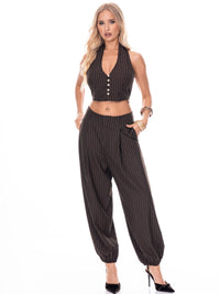 WOMEN'S HALTER NECK CROP TOP & BUTTON CLOSURE JOGGER LEG PANTS STRIPES 2PC. SET