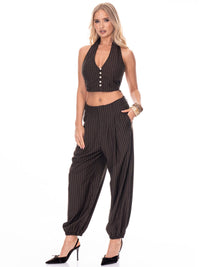 WOMEN'S HALTER NECK CROP TOP & BUTTON CLOSURE JOGGER LEG PANTS STRIPES 2PC. SET