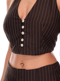 WOMEN'S HALTER NECK CROP TOP & BUTTON CLOSURE JOGGER LEG PANTS STRIPES 2PC. SET
