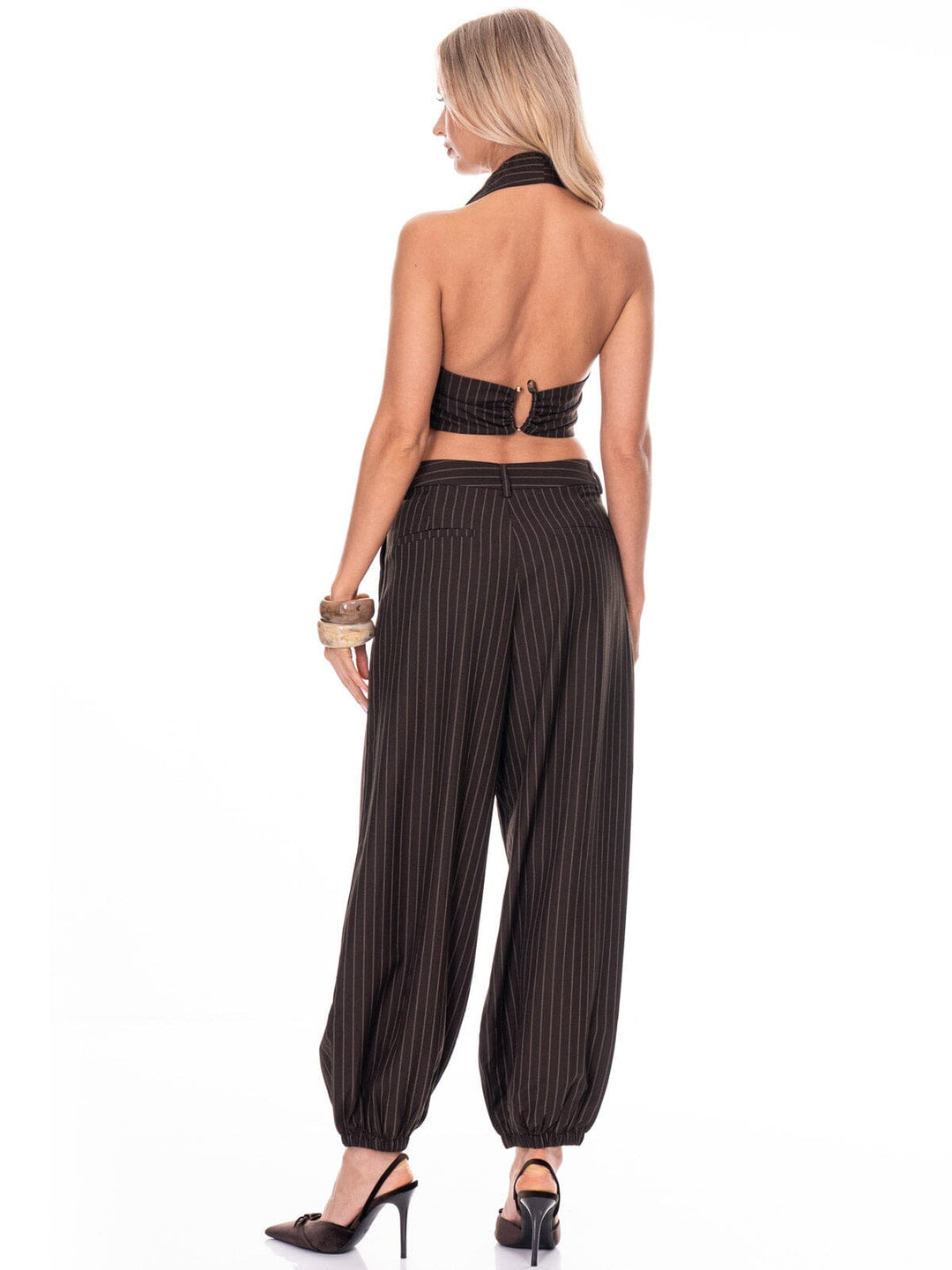 WOMEN'S HALTER NECK CROP TOP & BUTTON CLOSURE JOGGER LEG PANTS STRIPES 2PC. SET
