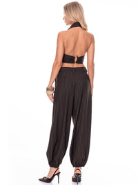 WOMEN'S HALTER NECK CROP TOP & BUTTON CLOSURE JOGGER LEG PANTS STRIPES 2PC. SET
