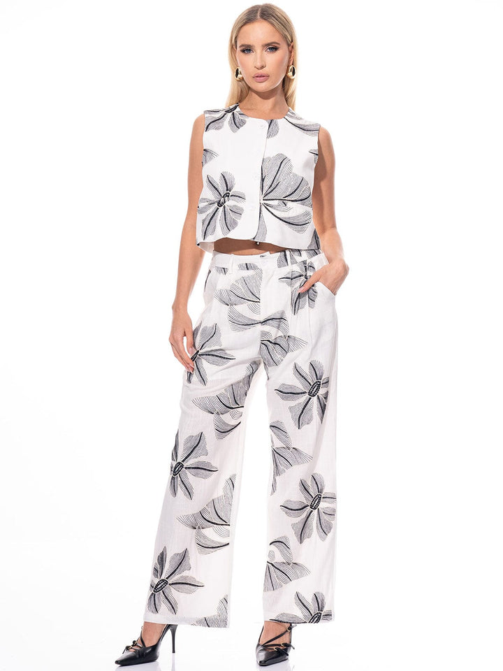 WOMEN'S SHORT SLEEVE BLOUSE & BUTTON CLOSURE PANTS LEAF PRINT 2PC. SET