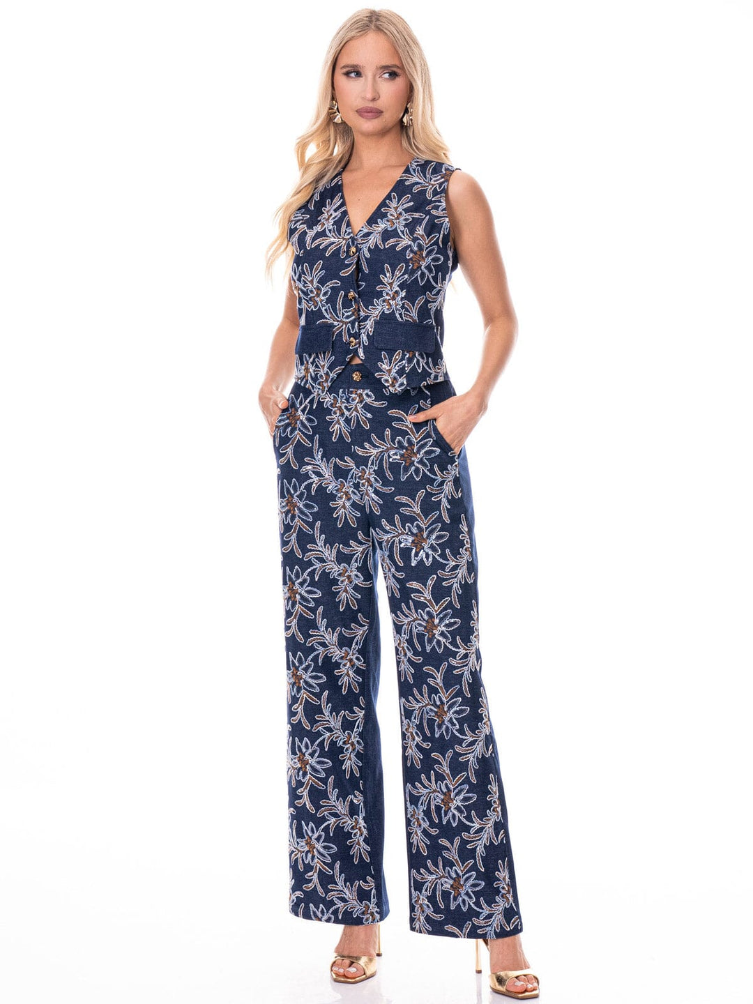 WOMEN'S SLEEVELESS BUTTON UP TOP & ELASTIC WAIST BUTTON CLOSURE PANTS DENIM STITCHED 2PC. SET