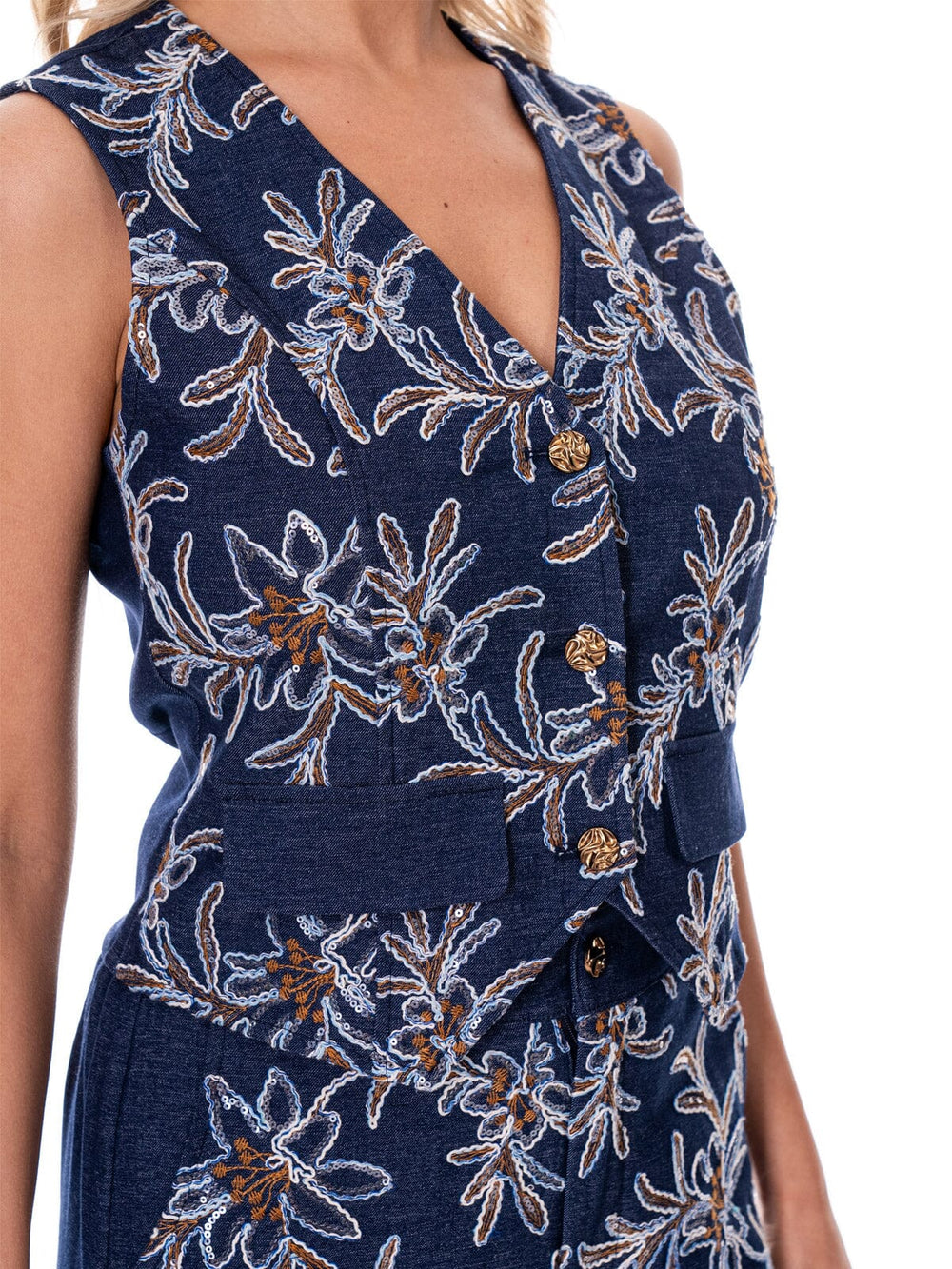 WOMEN'S SLEEVELESS BUTTON UP TOP & ELASTIC WAIST BUTTON CLOSURE PANTS DENIM STITCHED 2PC. SET