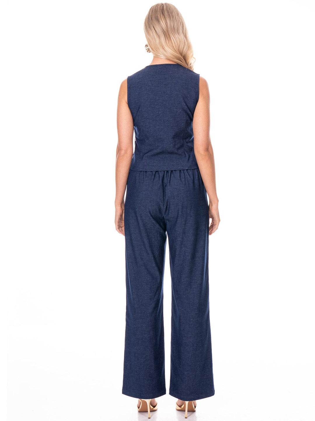 WOMEN'S SLEEVELESS BUTTON UP TOP & ELASTIC WAIST BUTTON CLOSURE PANTS DENIM STITCHED 2PC. SET