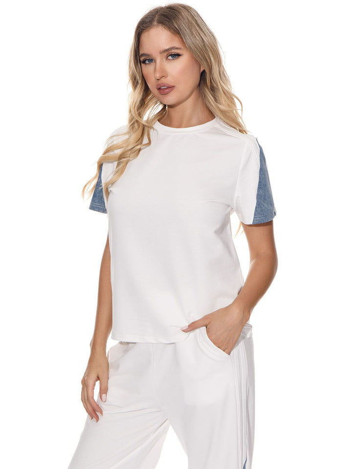 WOMEN'S SHORT SLEEVE TOP & ELASTIC WAIST PANTS DENIM CONTRAST 2PC. SET