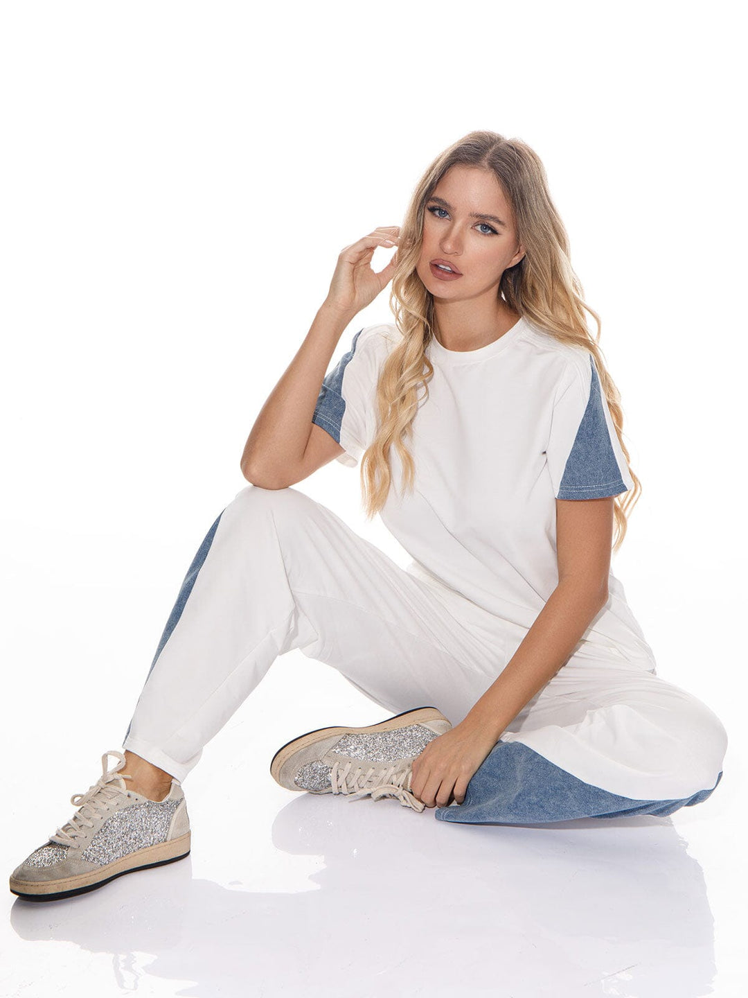 WOMEN'S SHORT SLEEVE TOP & ELASTIC WAIST PANTS DENIM CONTRAST 2PC. SET