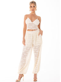 WOMEN'S SLEEVELESS CROP TOP & ELASTIC WAIST PANTS FLORAL LACE 2PC. SET