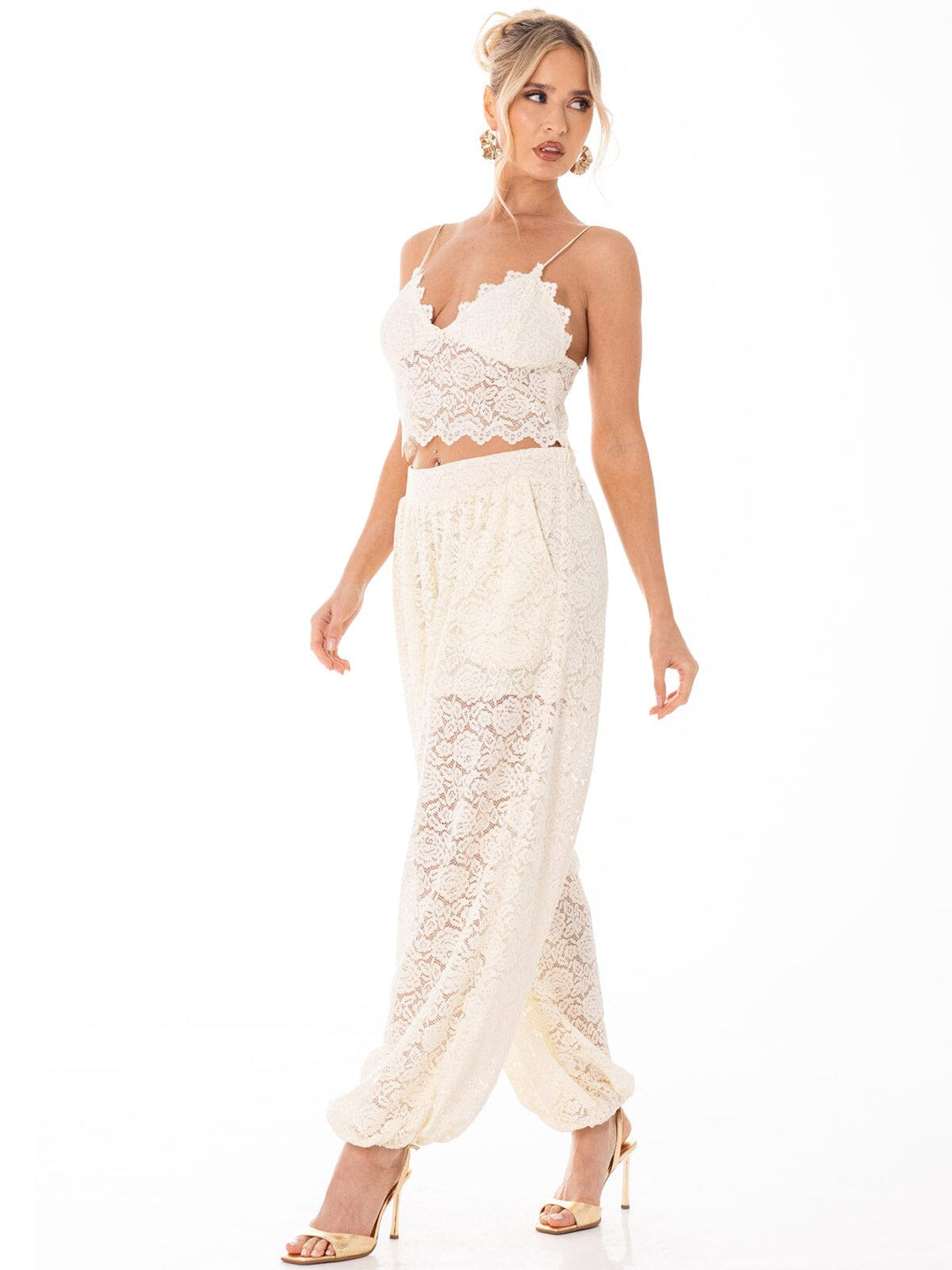 WOMEN'S SLEEVELESS CROP TOP & ELASTIC WAIST PANTS FLORAL LACE 2PC. SET