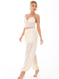 WOMEN'S SLEEVELESS CROP TOP & ELASTIC WAIST PANTS FLORAL LACE 2PC. SET