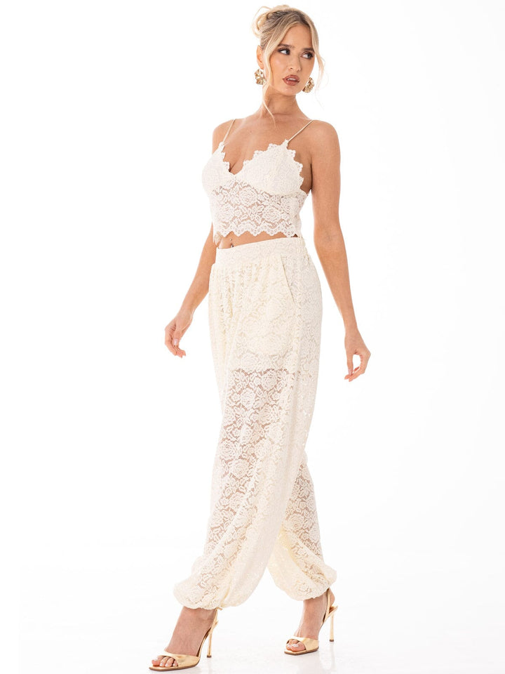 WOMEN'S SLEEVELESS CROP TOP & ELASTIC WAIST PANTS FLORAL LACE 2PC. SET