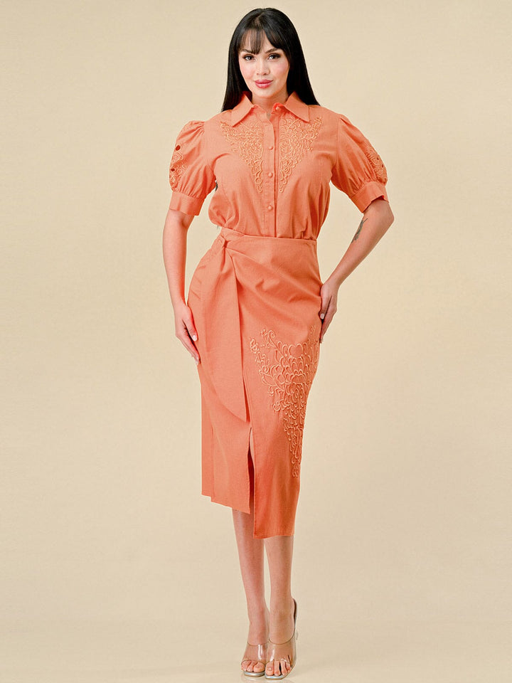 WOMEN'S ZIP UP SURPLICE EMBROIDERY DETAILED MIDI SKIRT