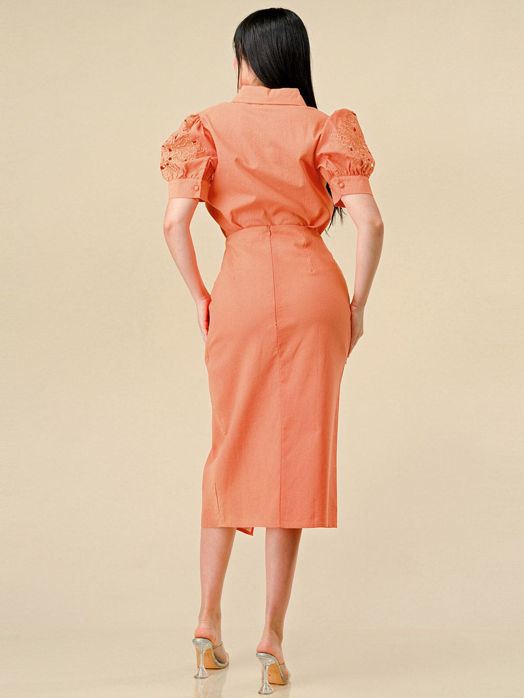 WOMEN'S SHORT SLEEVE BLOUSE & ZIP UP MIDI SKIRT EYELET EMBROIDERY DETAILED 2PC. SET