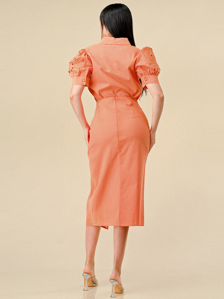 WOMEN'S SHORT SLEEVE BLOUSE & ZIP UP MIDI SKIRT EYELET EMBROIDERY DETAILED 2PC. SET