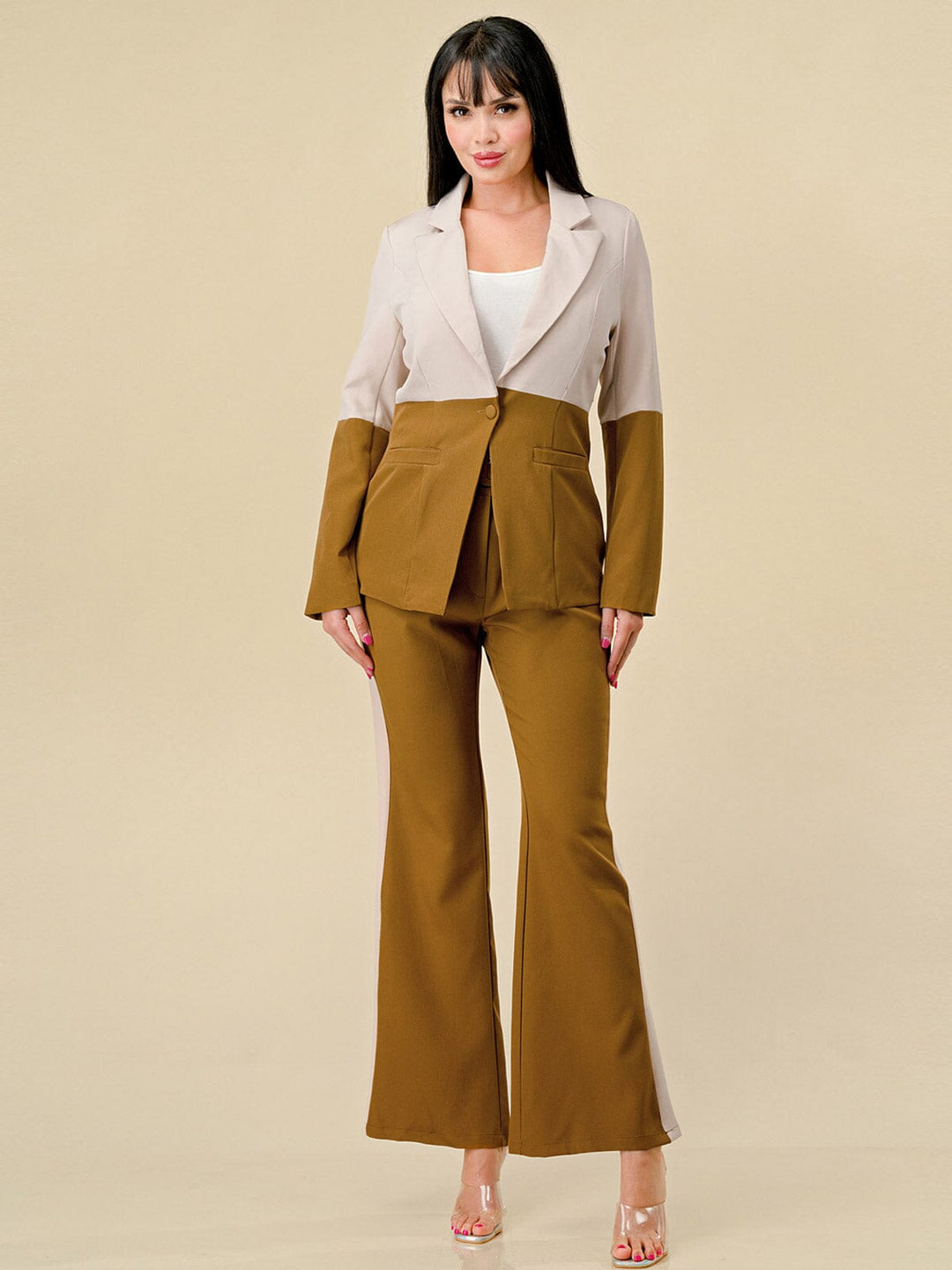 WOMEN'S LONG SLEEVE BLAZER & BELTED PANTS COLORBLOCK 2PC.SET