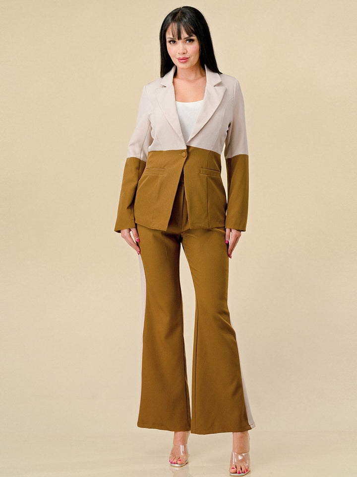 WOMEN'S LONG SLEEVE BLAZER & BELTED PANTS COLORBLOCK 2PC.SET