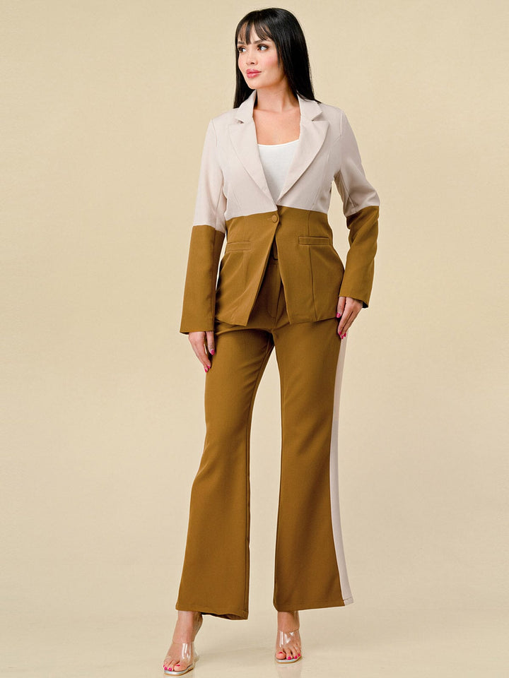 WOMEN'S LONG SLEEVE BLAZER & BELTED PANTS COLORBLOCK 2PC.SET