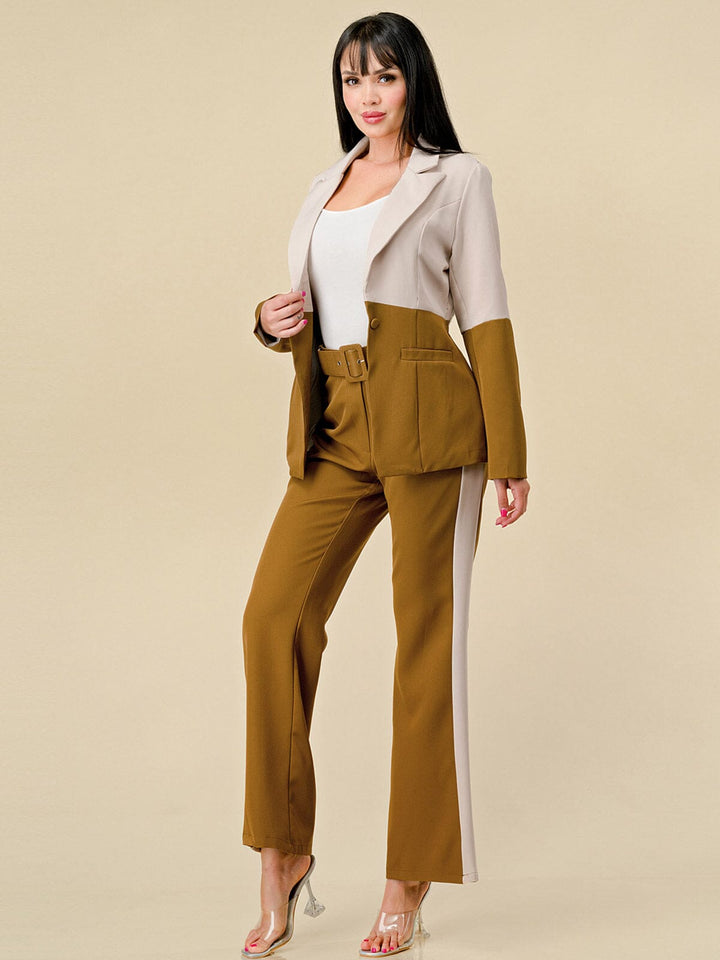 WOMEN'S LONG SLEEVE BLAZER & BELTED PANTS COLORBLOCK 2PC.SET
