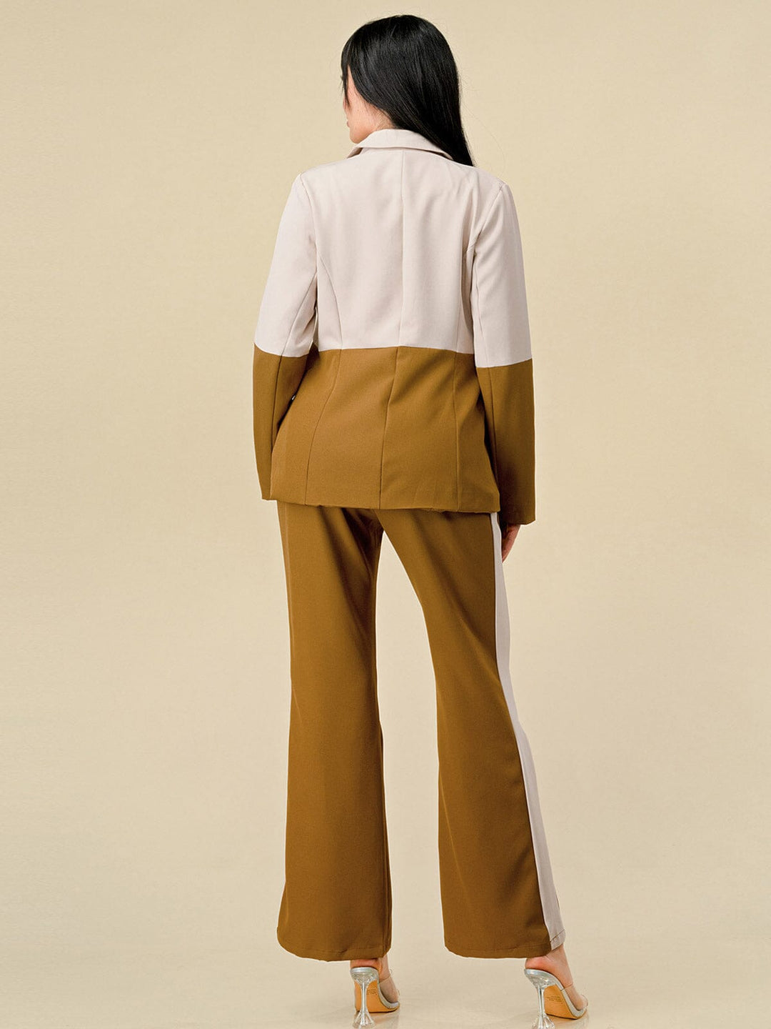 WOMEN'S LONG SLEEVE BLAZER & BELTED PANTS COLORBLOCK 2PC.SET