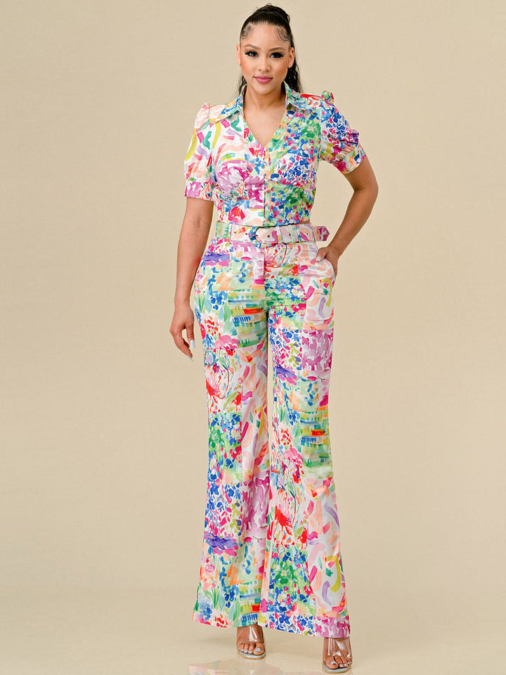 WOMEN'S SHORT SLEEVE TOP & BELTED PANTS FLORAL PRINT 2PC. SET