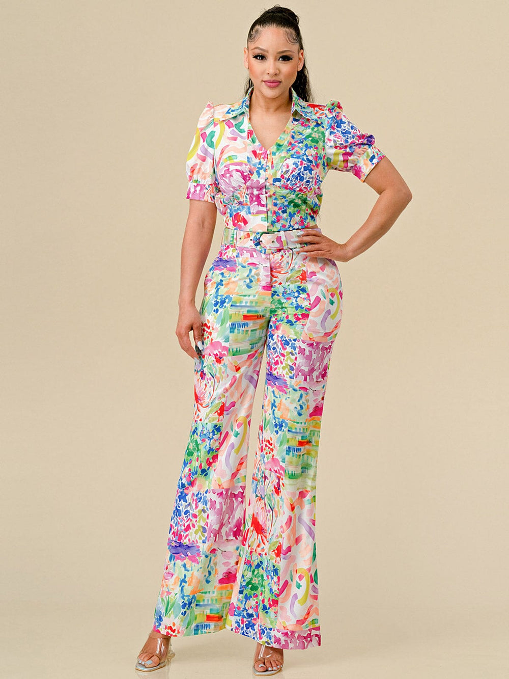 WOMEN'S SHORT SLEEVE TOP & BELTED PANTS FLORAL PRINT 2PC. SET