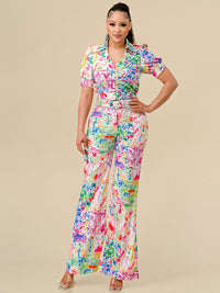 WOMEN'S SHORT SLEEVE TOP & BELTED PANTS FLORAL PRINT 2PC. SET