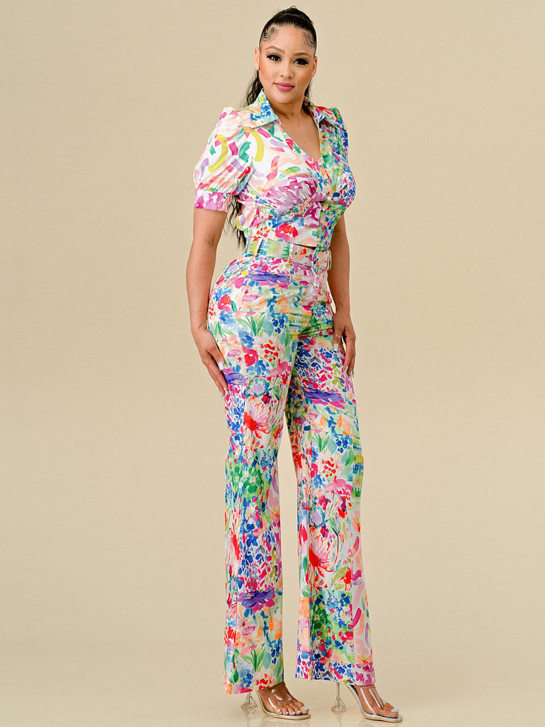 WOMEN'S SHORT SLEEVE TOP & BELTED PANTS FLORAL PRINT 2PC. SET