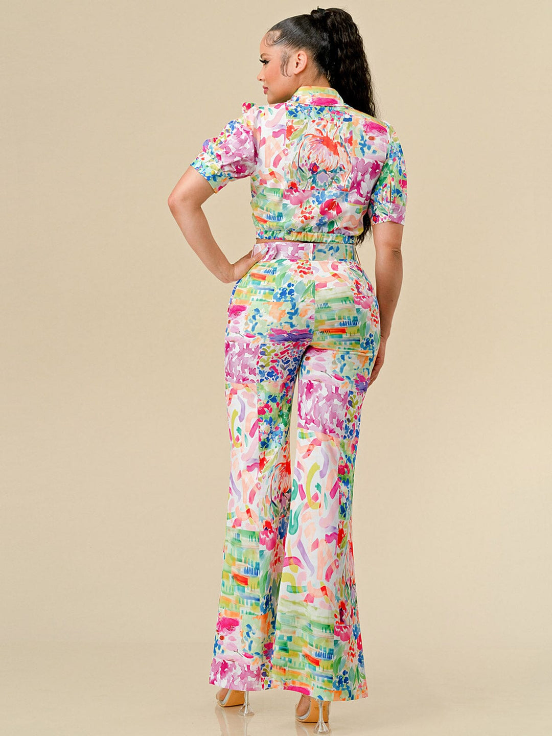 WOMEN'S SHORT SLEEVE TOP & BELTED PANTS FLORAL PRINT 2PC. SET