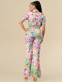 WOMEN'S SHORT SLEEVE TOP & BELTED PANTS FLORAL PRINT 2PC. SET