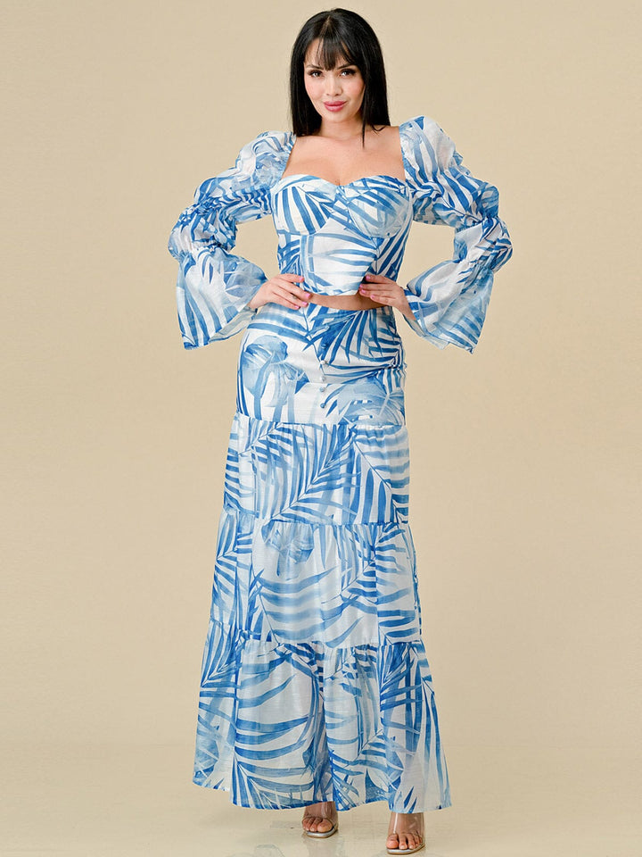 WOMEN'S LONG SLEEVE TOP & ZIP UP TIERED MAXI SKIRT LEAF PRINT 2PC. SET