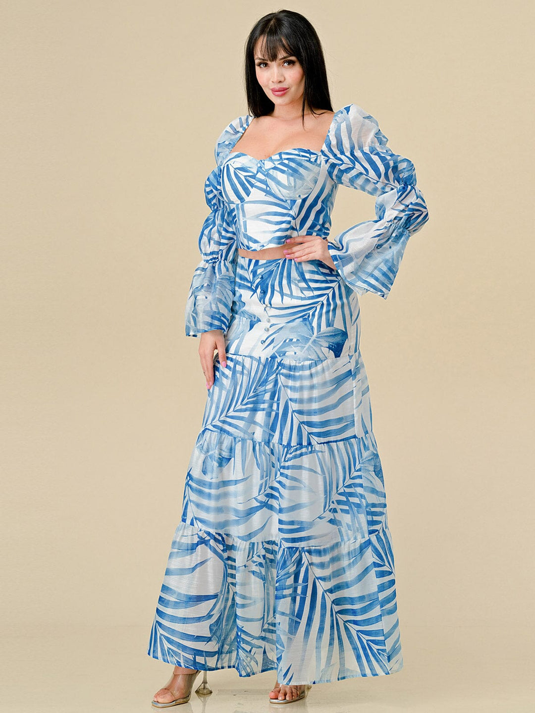 WOMEN'S LONG SLEEVE TOP & ZIP UP TIERED MAXI SKIRT LEAF PRINT 2PC. SET