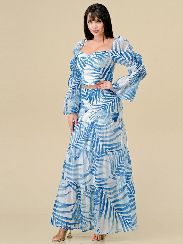 WOMEN'S LONG SLEEVE TOP & ZIP UP TIERED MAXI SKIRT LEAF PRINT 2PC. SET