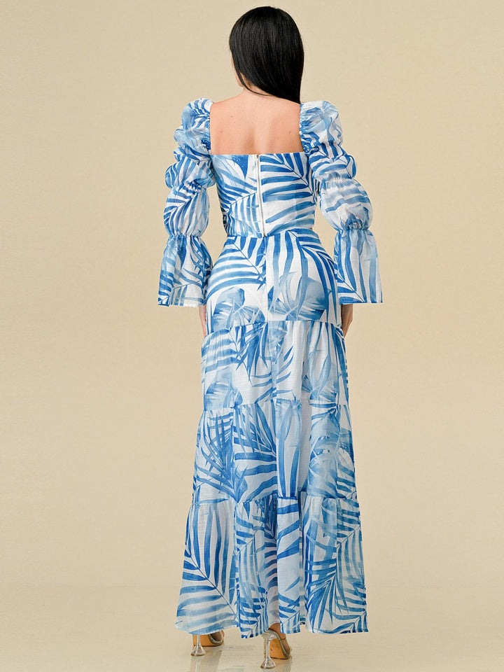 WOMEN'S LONG SLEEVE TOP & ZIP UP TIERED MAXI SKIRT LEAF PRINT 2PC. SET