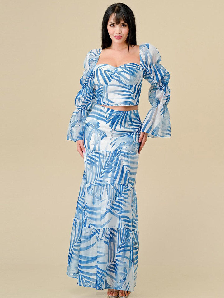 WOMEN'S LONG SLEEVE TOP & ZIP UP TIERED MAXI SKIRT LEAF PRINT 2PC. SET