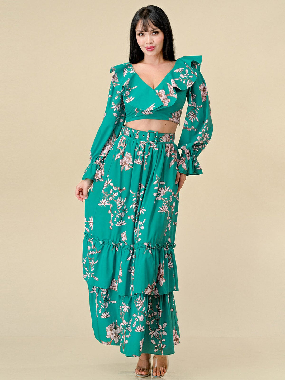 WOMEN'S LONG SLEEVE CROP TOP & BELTED MAXI SKIRT FLORAL 2PC. SET