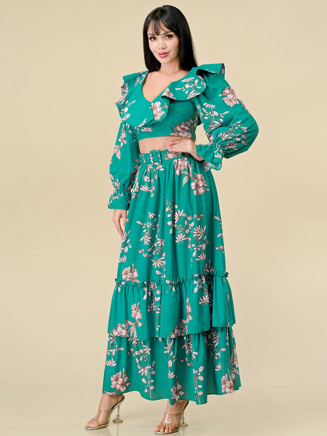 WOMEN'S LONG SLEEVE CROP TOP & BELTED MAXI SKIRT FLORAL 2PC. SET