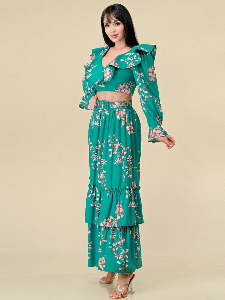 WOMEN'S LONG SLEEVE CROP TOP & BELTED MAXI SKIRT FLORAL 2PC. SET