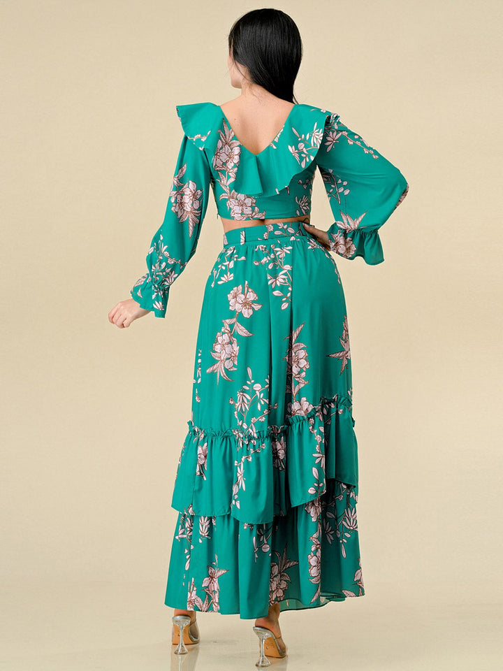 WOMEN'S LONG SLEEVE CROP TOP & BELTED MAXI SKIRT FLORAL 2PC. SET
