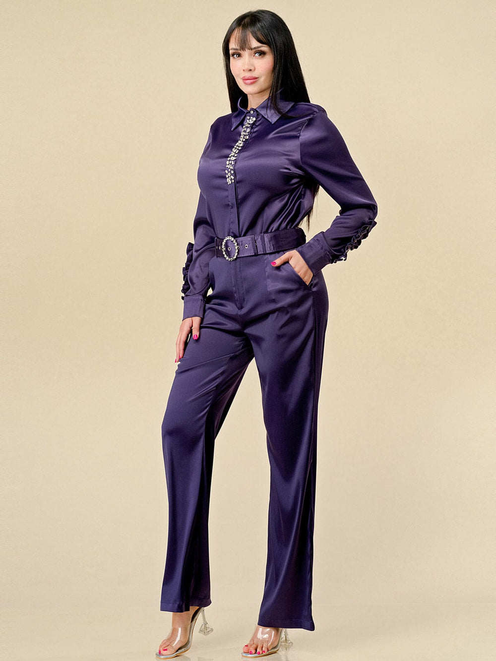 WOMEN'S LONG SLEEVE BLOUSE & WIDE LEG PANTS STUDS SATIN 2PC. SET