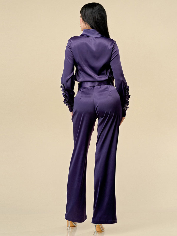WOMEN'S LONG SLEEVE BLOUSE & WIDE LEG PANTS STUDS SATIN 2PC. SET