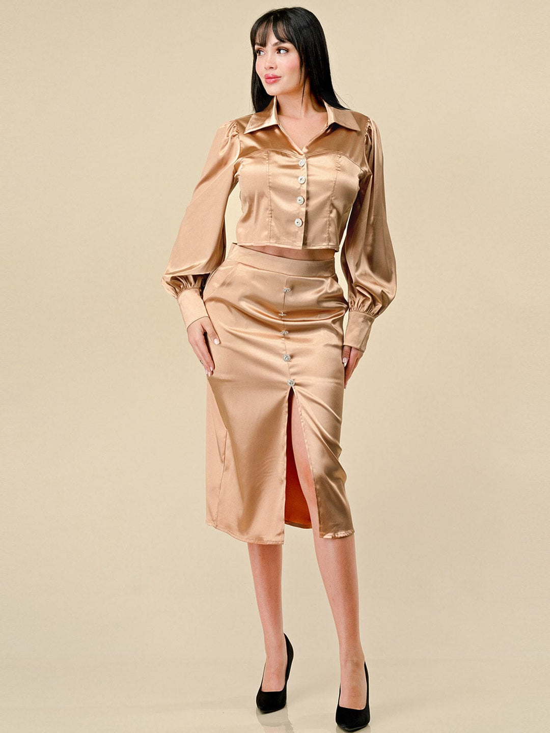 WOMEN'S LONG SLEEVE BLOUSE & FRONT SLIT MIDI SKIRT SATIN 2PC. SET