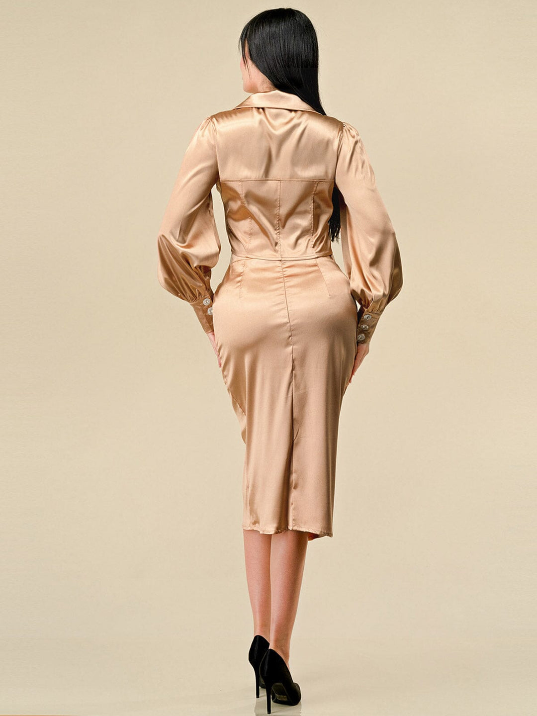 WOMEN'S LONG SLEEVE BLOUSE & FRONT SLIT MIDI SKIRT SATIN 2PC. SET