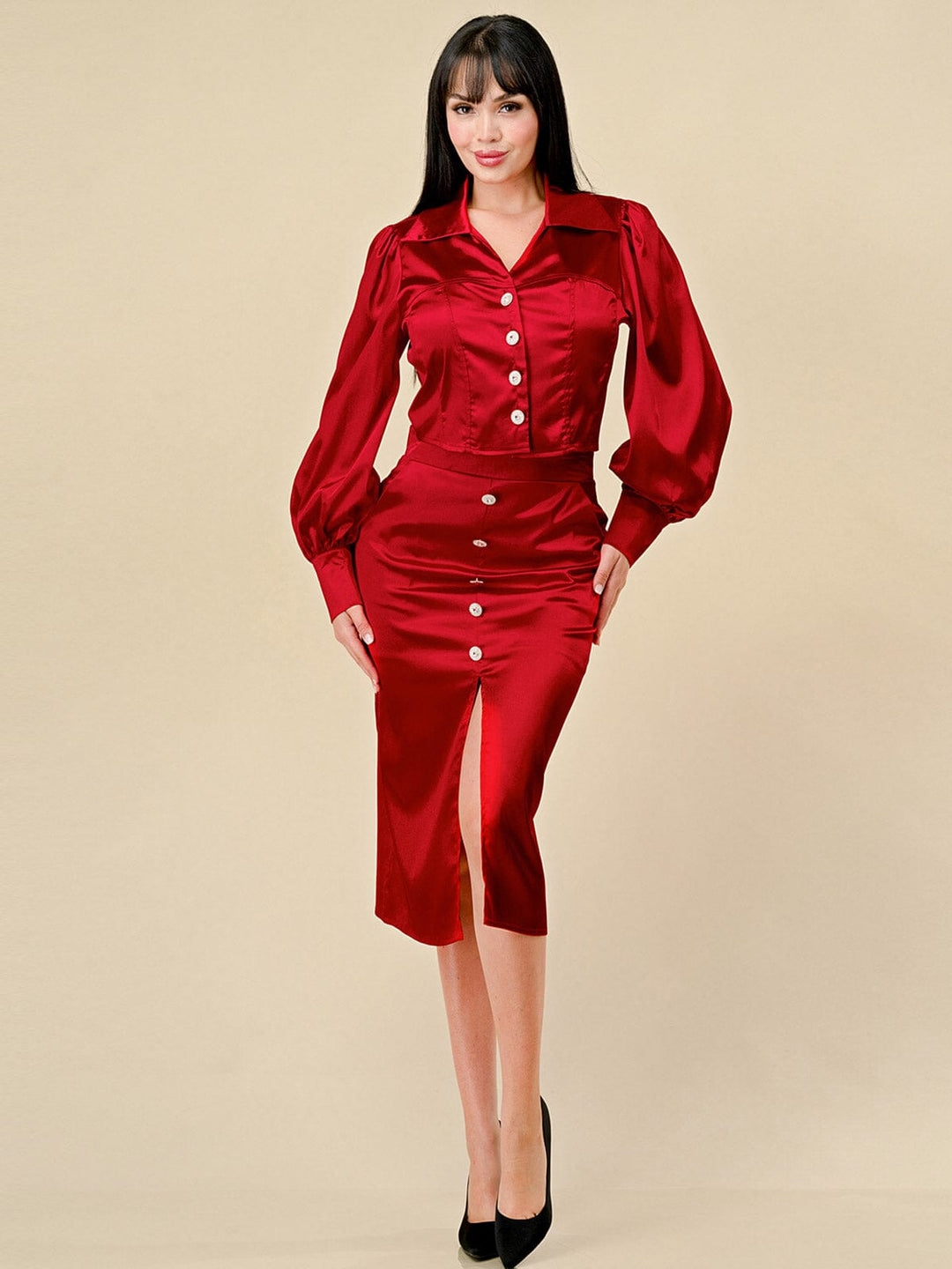 WOMEN'S LONG SLEEVE BLOUSE & FRONT SLIT MIDI SKIRT SATIN 2PC. SET