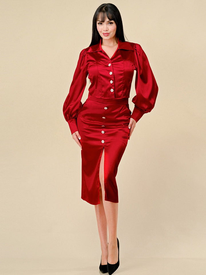WOMEN'S LONG SLEEVE BLOUSE & FRONT SLIT MIDI SKIRT SATIN 2PC. SET