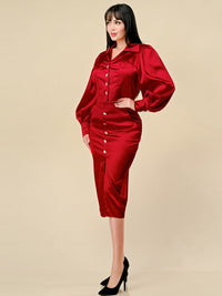 WOMEN'S LONG SLEEVE BLOUSE & FRONT SLIT MIDI SKIRT SATIN 2PC. SET