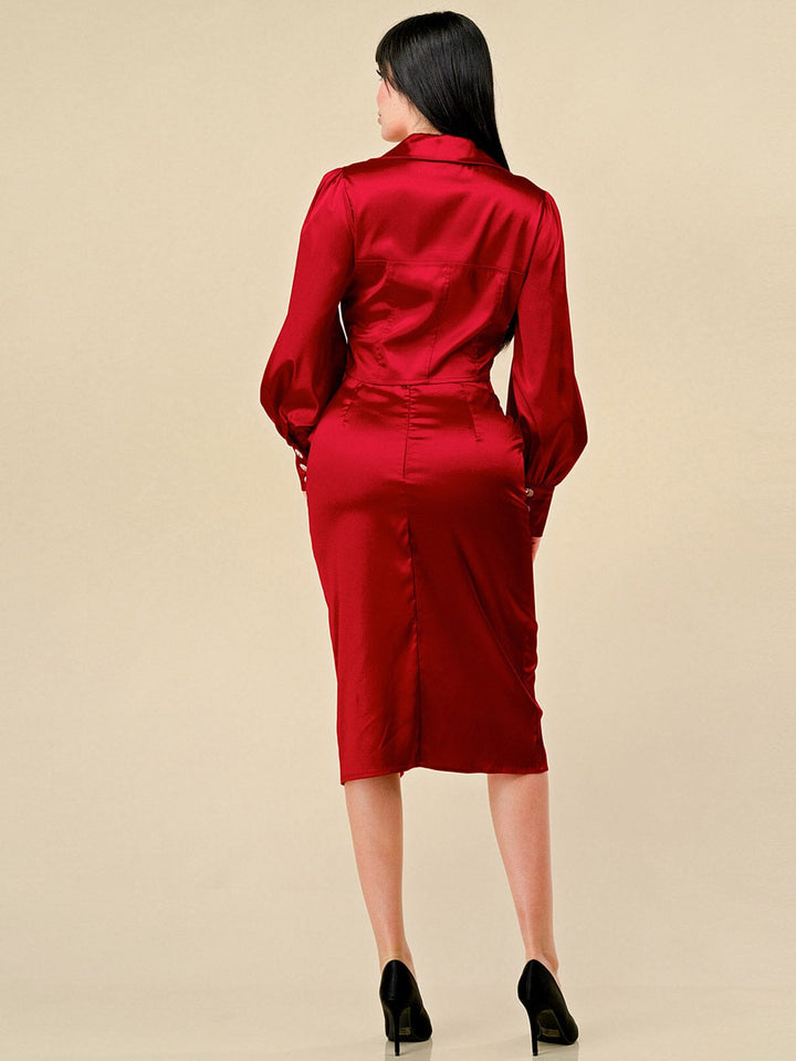 WOMEN'S LONG SLEEVE BLOUSE & FRONT SLIT MIDI SKIRT SATIN 2PC. SET