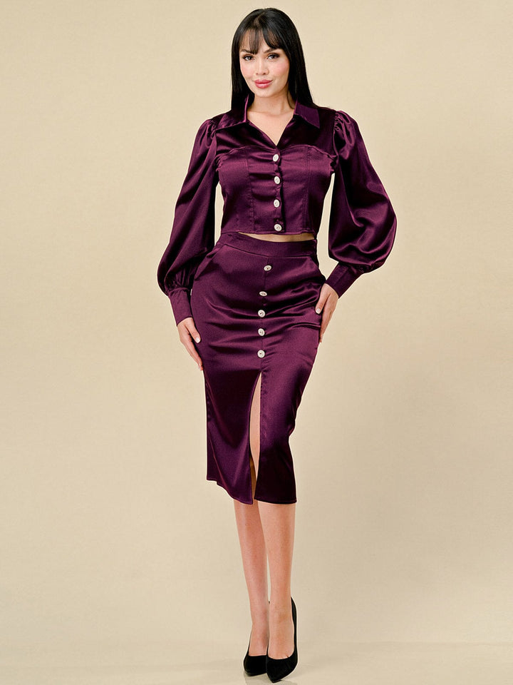 WOMEN'S LONG SLEEVE BLOUSE & FRONT SLIT MIDI SKIRT SATIN 2PC. SET