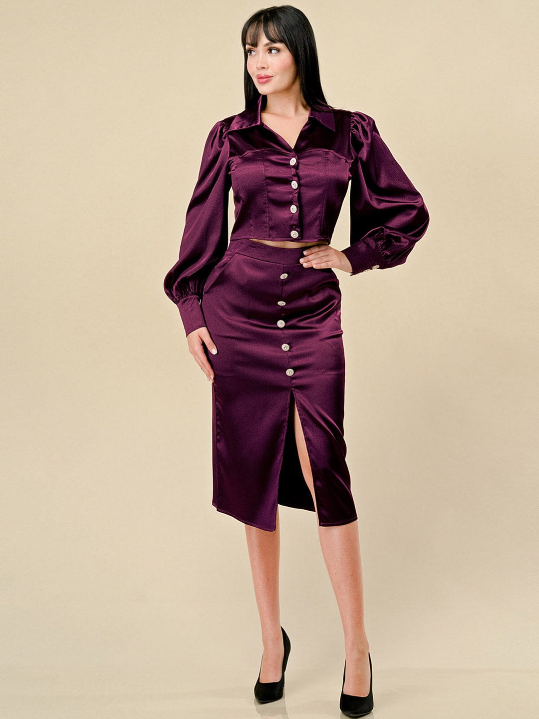 WOMEN'S LONG SLEEVE BLOUSE & FRONT SLIT MIDI SKIRT SATIN 2PC. SET