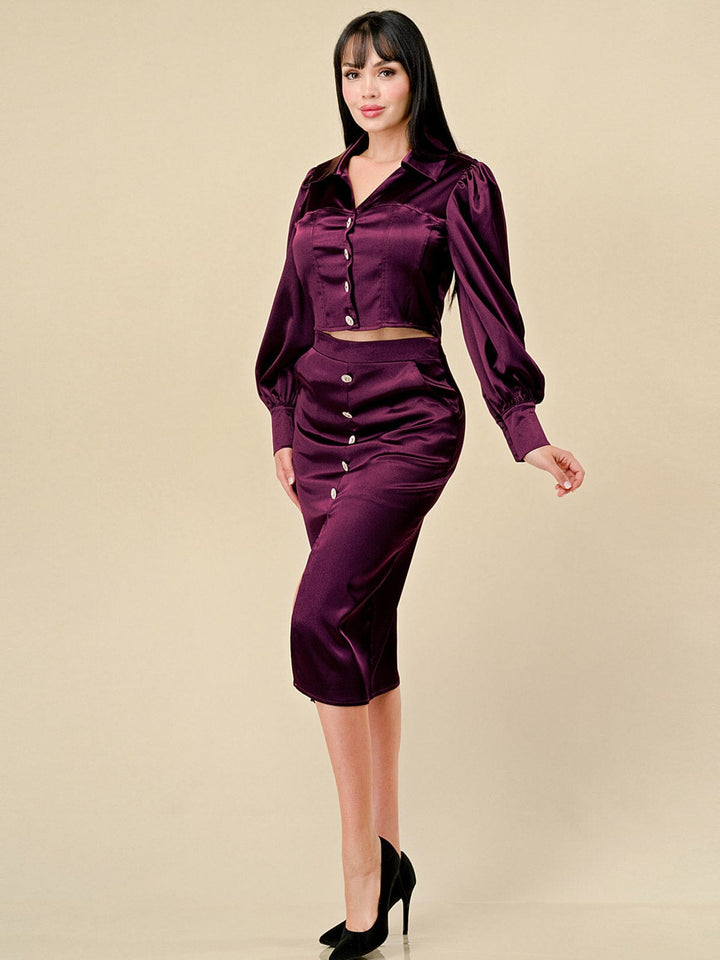 WOMEN'S LONG SLEEVE BLOUSE & FRONT SLIT MIDI SKIRT SATIN 2PC. SET