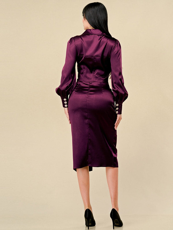 WOMEN'S LONG SLEEVE BLOUSE & FRONT SLIT MIDI SKIRT SATIN 2PC. SET